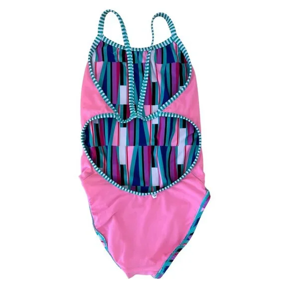 SIZE 28 Dolohin Uglies String Back Geometric Print Pink Green One Piece Swimsuit - Picture 6 of 8
